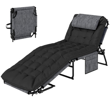Folding Lounge Chair with 4-level Reclining Back & Cushion, Black