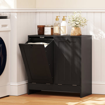 Tilt-Out Laundry Storage Cabinet, Modern Laundry Hamper with 2 Compartments for Bathroom Washroom, Black