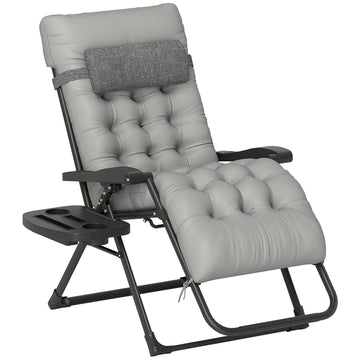 Padded Folding Recliner Chair, Patio Lounger with Cupholder, Adjustable Backrest, Removable Cushion, Grey
