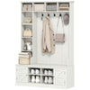 Hall Tree with Bench and Shoe Storage, Entryway Bench with Coat Rack, 12 Shelves, 2 Cabinets, 5 Hooks, White Wood Grain