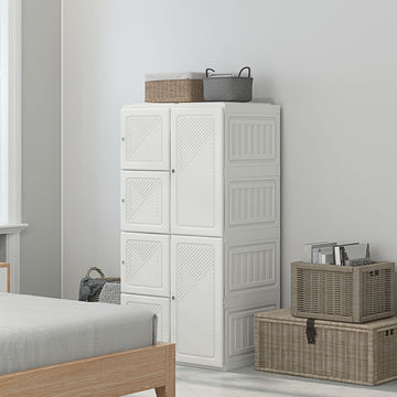 Portable Wardrobe, Foldable Clothes Storage Organzier with 5 Compartments, 1 Hanging Rod, Magnet Doors, White