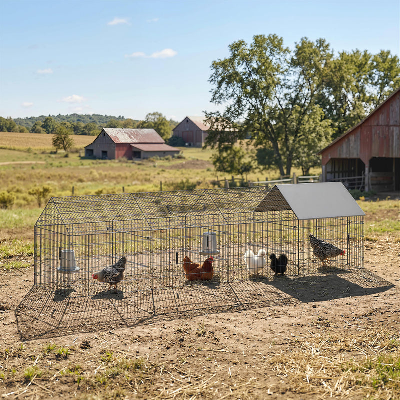Metal Chicken Coop, Large Chicken Run with Water-Resistant & Anti-UV Cover for 2-3 Hens, Outdoor Hen House with 4 Doors