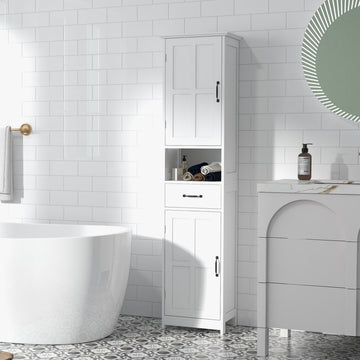 Modern Bathroom Cabinet, Narrow Bathroom Vanities with Open Shelf Drawer Recessed Doors and Adjustable Shelves White
