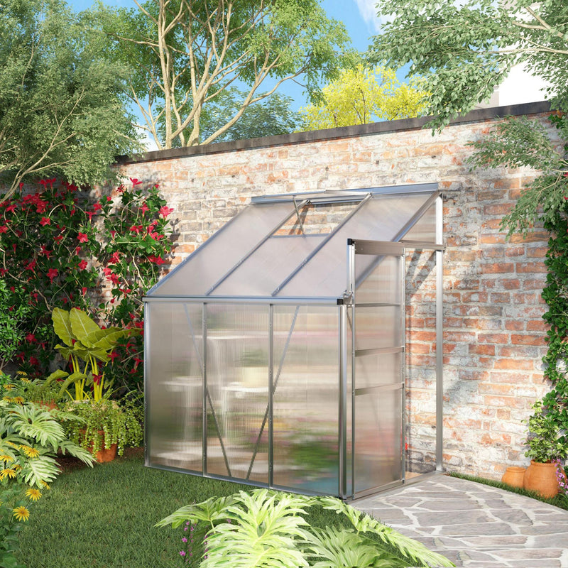 6' x 4' Aluminum Lean-to Greenhouse Polycarbonate Walk-in Garden Greenhouse with Adjustable Roof Vent, Rain Gutter and Sliding Door for Winter