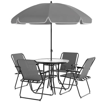 6 Pieces Patio Dining Set with Umbrella, Patio Furniture Set with Folding Chairs, Glass Table for Garden Backyard, Grey