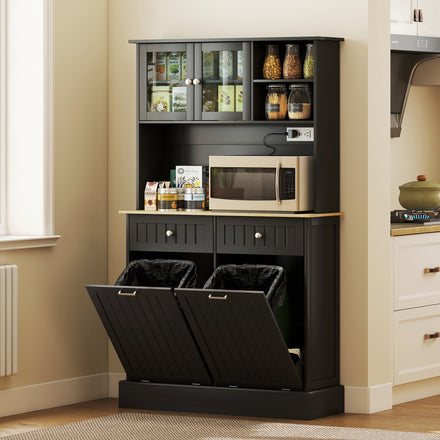 Armoire de cuisine avec station de recharge, 2 armoires inclinables, support à micro-ondes, garde-manger autoportant, Noir