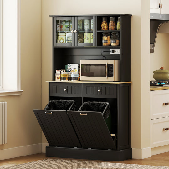 Kitchen Cabinet with Charging Station, 2 Tilt Out Cabinets, Microwave Stand, Freestanding Kitchen Pantry Cabinet, Black