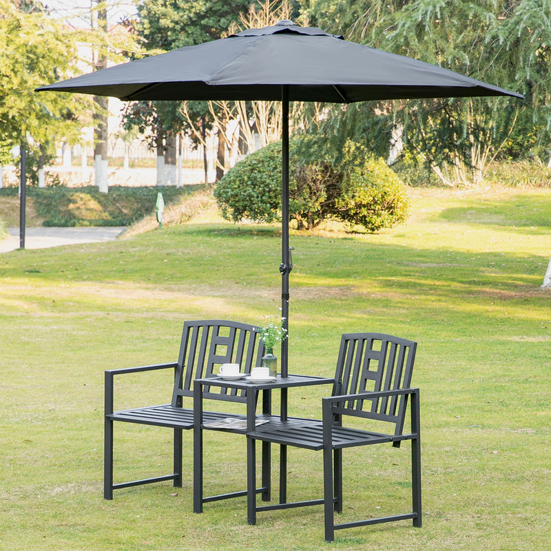 Metal Outdoor Bench, 2-Seater Garden Bench with Middle Table, Umbrella Hole, Slatted Seat and Backrest, Black