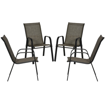 Set of 4 Outdoor Dining Chairs, Heavy Duty Stackable Patio Dining Set with Armrests for Balcony Garden, Brown and Black