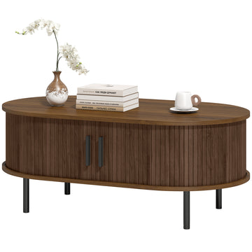 Coffee Table with Sliding Tambour Doors and Storage Center Table with Metal Legs, 39