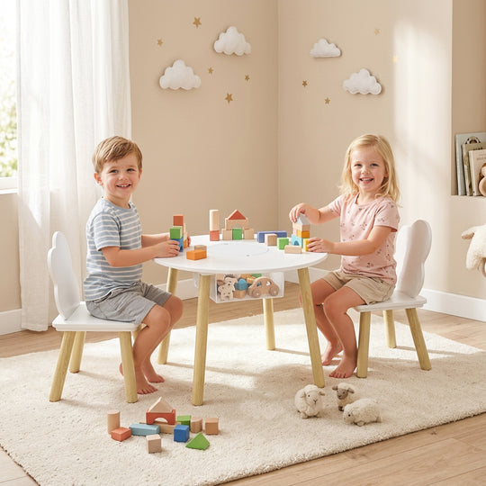 3 Pieces Kids Table and Chair Set, Activity Table and Chair Set with Cloud-Shaped Chairs, Mesh Bag