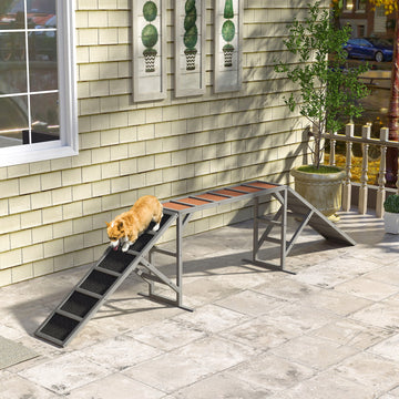 Dog Agility Equipment Ramp with Safety Bar, Non-slip Surface, for Walk and Pause Training, Gray