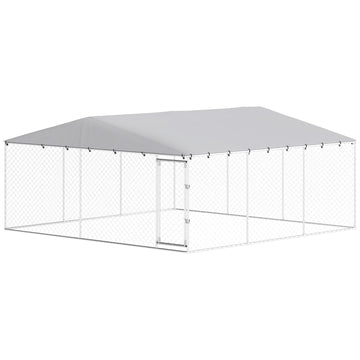14.8' x 14.8' x 7.1' Dog Kennel Outdoor for Small Medium Large Dogs with Waterproof Cover, Silver