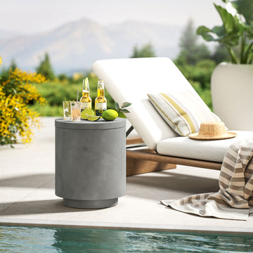 2.6 Gal Outdoor Side Table, 3-In-1 Concrete Cooler Bar Table with Storage, Removable Ice Bucket and Lid, Light Grey