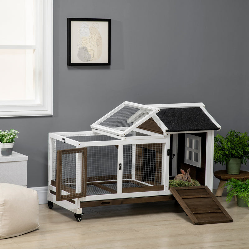 Rabbit Cage with Wheels, Ramp, Run, Tray for Indoor Outdoor, Suitable for Rabbit, Guinea Pig, Coffee