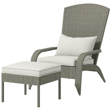 Wicker Adirondack Chair with Ottoman, Patio Cushioned Muskoka Chair, Outdoor Fire Pit Chair with High-back and Armrests, for Deck, Garden, Backyard, Grey/Cream White