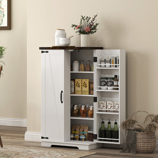 Kitchen Pantry Cabinet with 4-tier Shelving, 6 Spice Racks, Farmhouse Storage Cabinet with Adjustable Shelves, Easy Cleaning, White