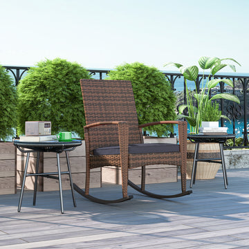Outdoor PE Rattan Rocking Chair, Garden Glider Rocking Chair, Wicker Patio Chair Set with Armrest and Cushion, Dark Blue