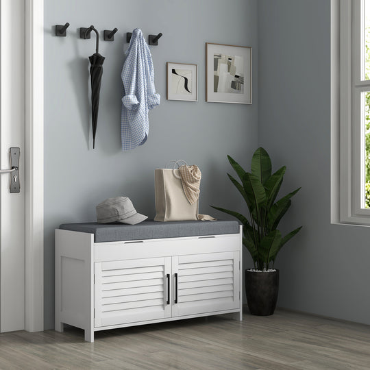 Entryway Bench with Cushion, Hidden Storage, Adjustable Shelves and Shutter Doors, 35.4