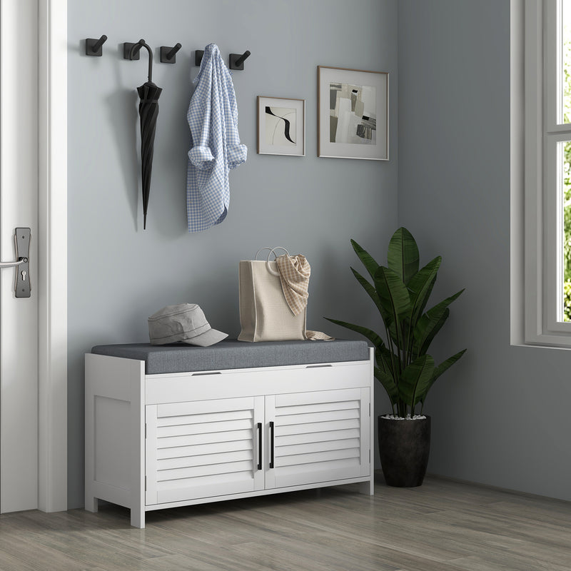 Entryway Bench with Cushion, Hidden Storage, Adjustable Shelves and Shutter Doors, 35.4