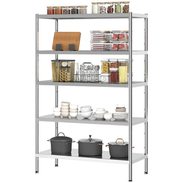 Bakers Rack, 5-Tier Stainless Steel Kitchen Storage Shelf with Adjustable Heights for Spices, Pots and Pans, Silver