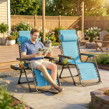 Zero Gravity Chair Set of 2, Folding Reclining Outdoor Lounge Chair with Cup Holder, Headrest, Sky Blue