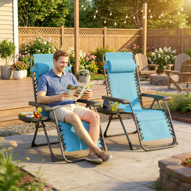 Zero Gravity Chair Set of 2, Folding Reclining Outdoor Lounge Chair with Cup Holder, Headrest, Sky Blue