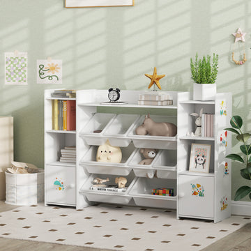 Qaba Kids Toy Organizers and Storage with 8 Removable Storage Bins and Bookshelf, White
