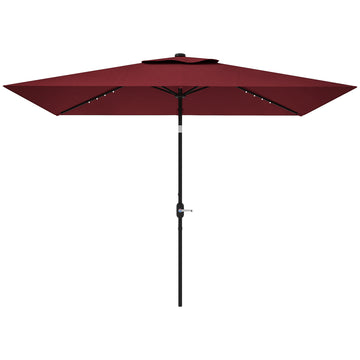 6' x 10' Patio Umbrella with 22 LED Solar Lights and Tilt, Rectangular Outdoor Table Umbrella with Crank, Wine Red