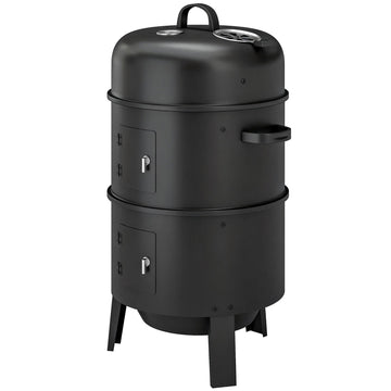 3-in-1 Vertical Charcoal Smoker with 2 Grill Grates, Built-in Thermometer, Adjustable Vent, 2 Doors