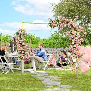 Wedding Arch Backdrop Stand, Square Wedding Arch with U-shaped Stakes, 6.6 FT Gold Metal Arch Frame