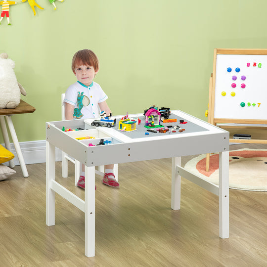 Table with Storage for Kids, Multi-Usage Kids Table and Chair Set with Building Blocks Desktop, Grey