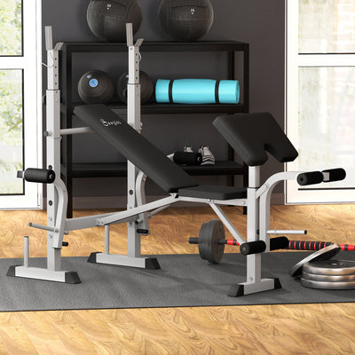 Ensemble de banc de musculation Soozier avec support à squat, coussin pour curl biceps, développeur de jambes et rangement pour poids, gris clair
