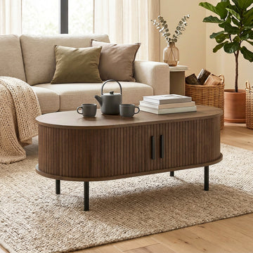 Coffee Table with Sliding Tambour Doors and Storage Center Table with Metal Legs, 39