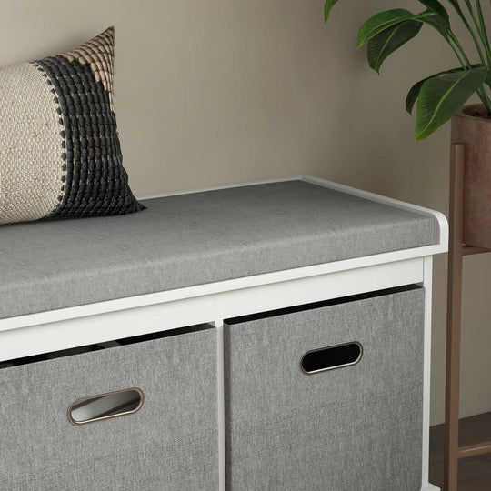 Shoe Storage Bench with Seat, Entryway Bench Seat with Cushion, 3 Fabric Drawers for Hallway, White
