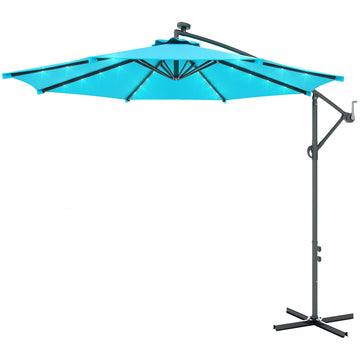 10ft Outdoor Cantilever Umbrella Banana Umbrella with Solar Lights and Adjustable Angle for Patio Backyard Turquoise