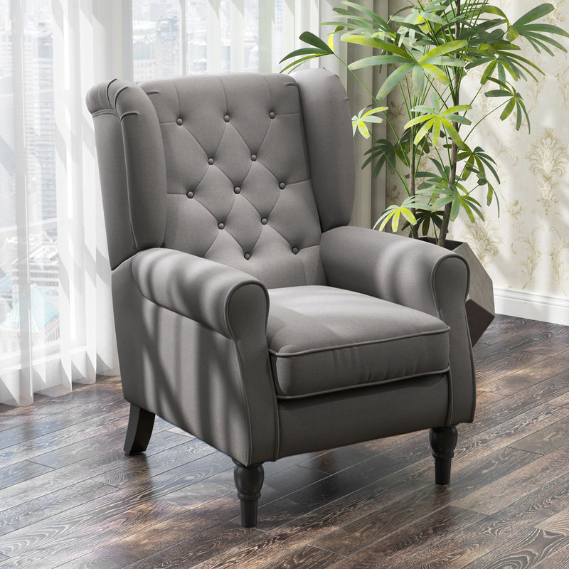 Fabric Accent Chair, Button Tufted Armchair, Upholstered Modern Living Room Chair, Wingback Chair with Wood Legs, Rolled Arms, Thick Padding for Bedroom, Charcoal Grey