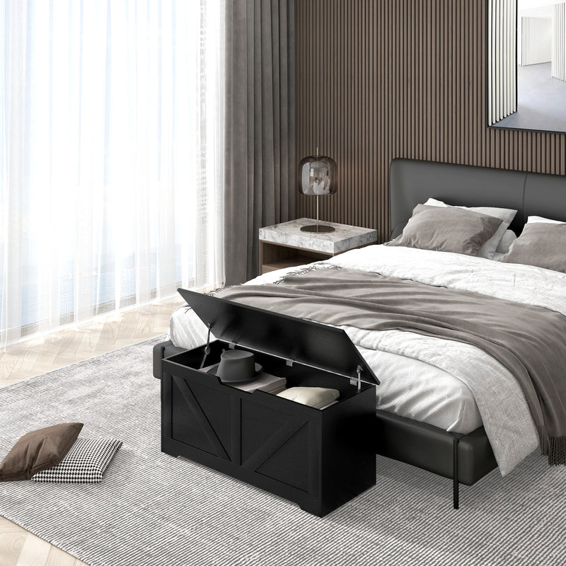 39.4 Inches Storage Chest, Storage Trunk with 2 Safety Hinges for Living Room, Black Wood Grain