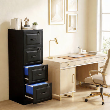 4 Drawer File Cabinet with Lock, Vertical Filing Cabinet with Adjustable Hanging Bars for A4 and Letter Size, Black