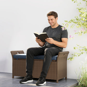 2-In-1 Outdoor Storage Bench, 29 Gallon Wicker Deck Box with Handles and Cushion, Navy Blue