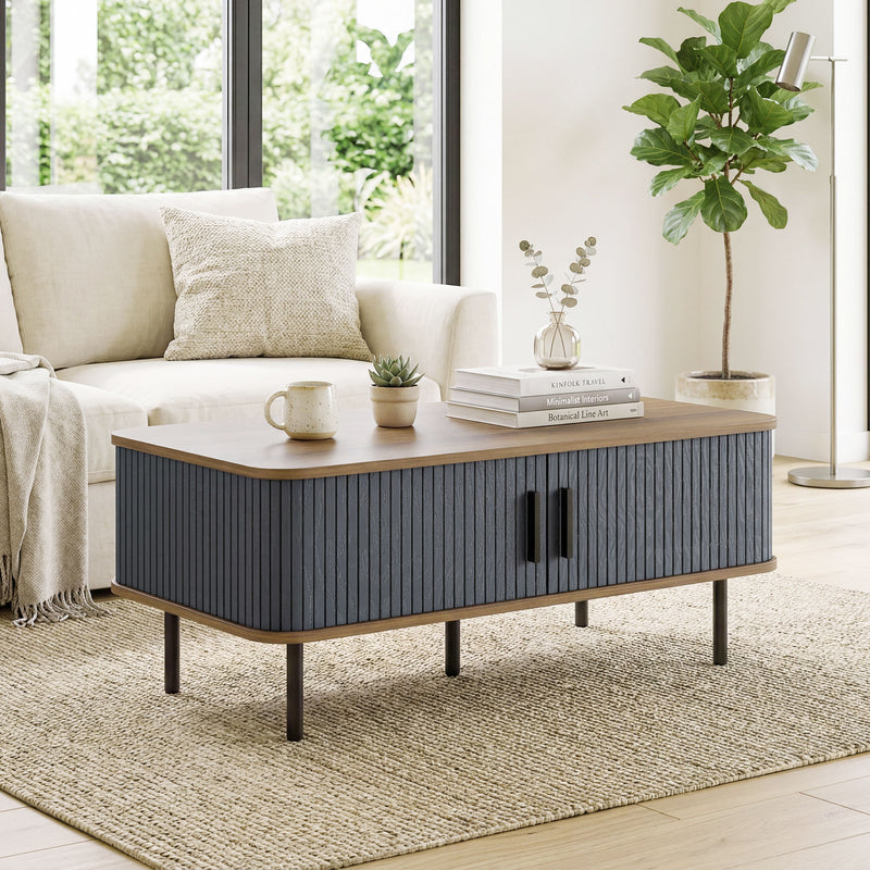 Coffee Table with Storage, Nordic Side Table with Fluted Tambour Sliding Doors and Steel Legs for Living Room, Oak