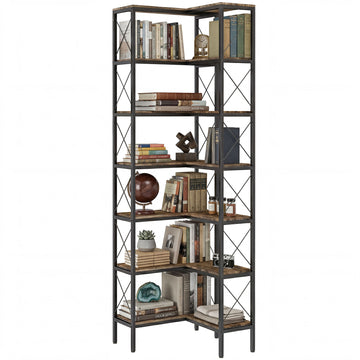 6-Tier L-Shaped Bookshelf, Freestanding Corner Bookcase with Metal Frame, Rustic Brown