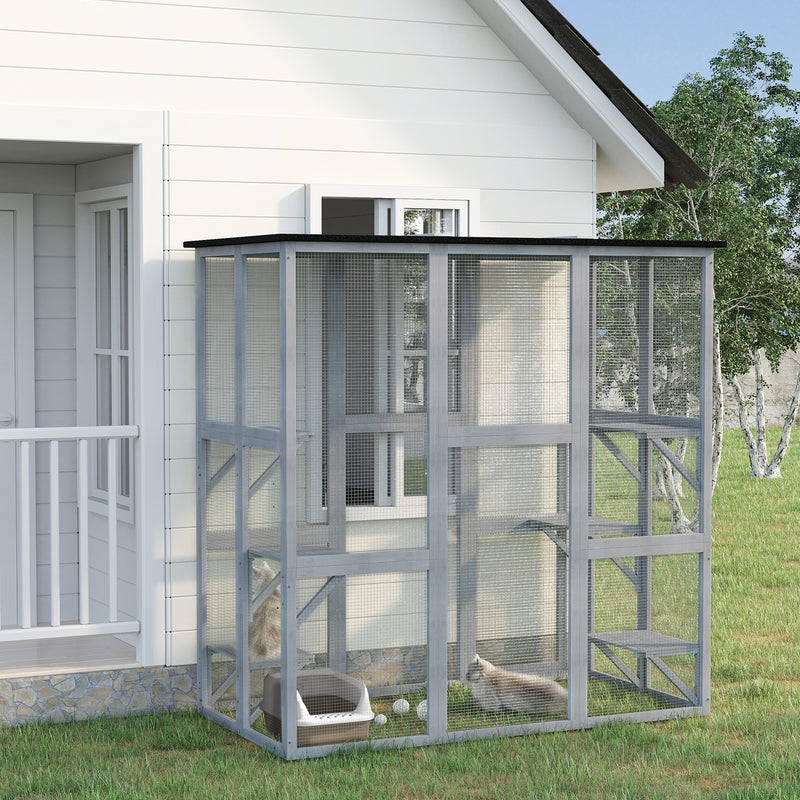 Large Outdoor Catio Enclosure, Weatherproof Cat House with Asphalt Roof,  Wooden Cat Patio Cage with 6 Balanced Platforms, 71