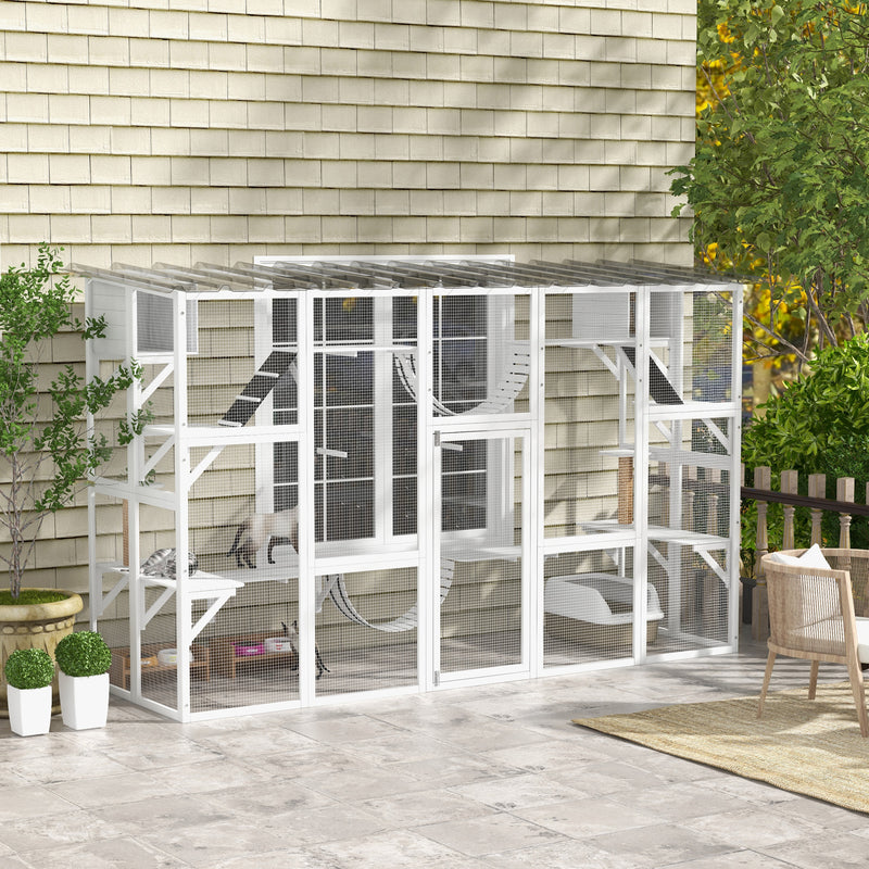 Large Outdoor Catio with Condos, Platforms, Doors, Ladders, Weather-Resistant Roof, White