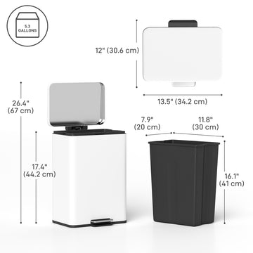 Garbage Bin, Soft-Close Trash Can with Foot Pedal, 5 Gallon (20 L) Garbage Can with Removable Inner Bucket, Cream White