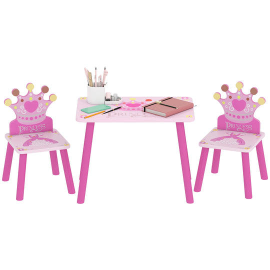 3-Piece Set Kids Wooden Table Chair with Crown Pattern Easy to Clean Gift for Girls Toddlers Age 2-4 Years Old Pink