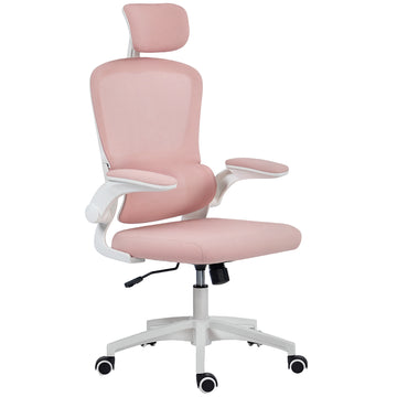 Ergonomic Mesh Office Chair, High Back Desk Chair with Rotatable Headrest, Flip-Up Armrests, Lumbar Support, Pink
