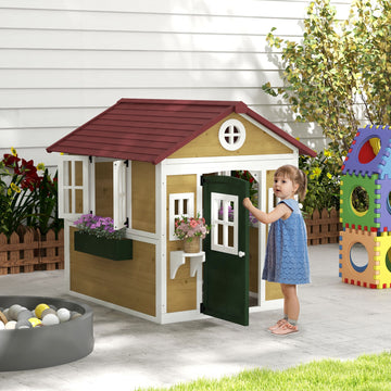 Cabane de jeu extérieure en bois pour enfants de 3 à 8 ans, avec porte, fenêtres, jardinières et pots, style chalet de jardin, beige