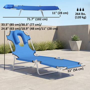 Outdoor Lounge Chair, Adjustable Folding Chaise Lounge with Face Cavity, Tanning Chair Sun Lounger Bed Recliner, Blue