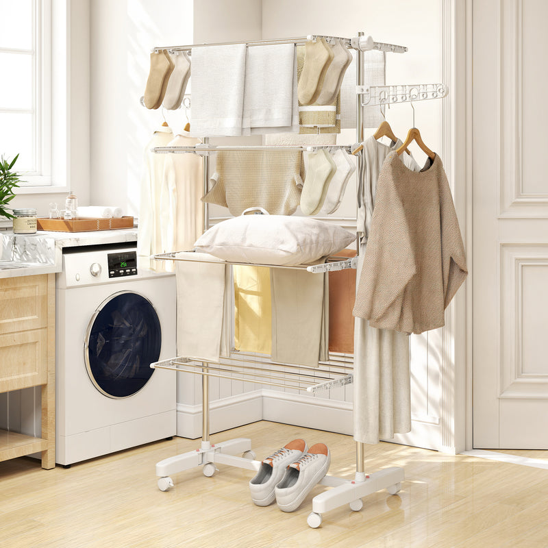 Garment Drying Rack Stainless Steel Folding Clothes Hanging Rack with Side Wings Castors for Indoor Outdoor White